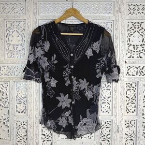 Vtg Black & Gray Mesh Ruffle Blouse Sz S Whimsigoth Fairy Grunge Y2K Vamp